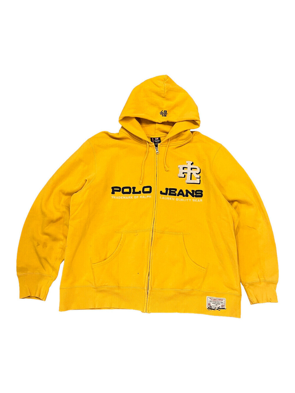 Vtg 90s Ralph Lauren Full Zip Up Hoodie Mens XL Yellow Spell Out Logo Polo Jeans